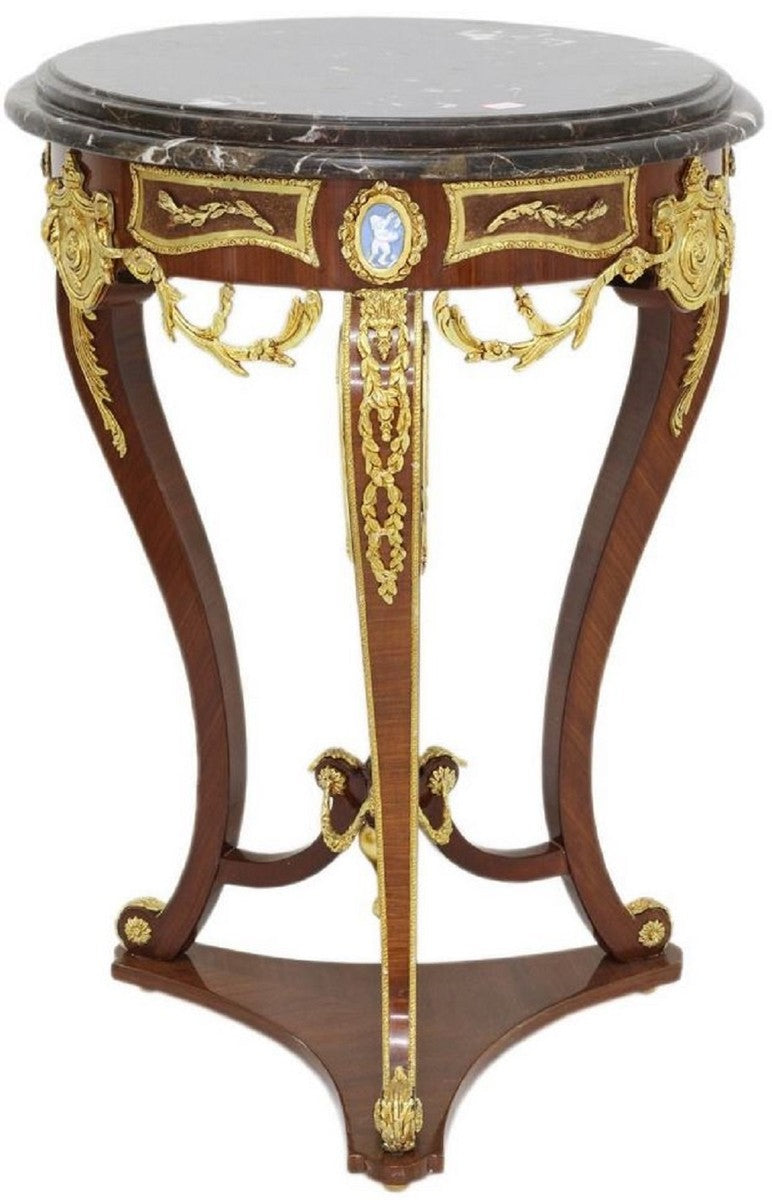 Barock Beistelltisch Braun / Gold / Schwarz Ø 55 x H. 78 cm - Runder Massivholz Tisch im Barockstil - Barock Wohnzimmer Möbel