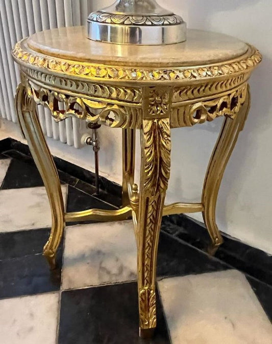 Barock Beistelltisch Gold / Grau - Runder Antik Stil Tisch mit Marmorplatte - Barockstil Wohnzimmer Möbel im Barockstil - Barock Möbel