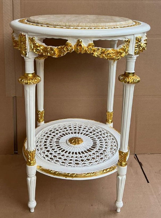 Barock Beistelltisch Weiß / Gold / Creme - Runder Antik Stil Tisch mit Marmorplatte - Barockstil Wohnzimmer Möbel im Barockstil - Barock Möbel