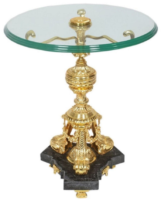 Barock Beistelltisch Gold / Schwarz Ø 53 x H. 67 cm - Runder vergoldeter Bronze Tisch mit Glasplatte und Marmorsockel - Barock Wohnzimmer Möbel