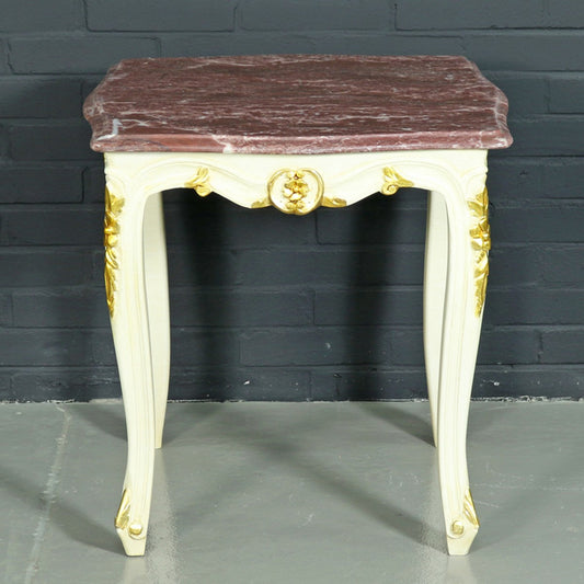 Barock Beistelltisch Weiß / Gold mit Marmorplatte 55 x 55 cm x H 55 cm