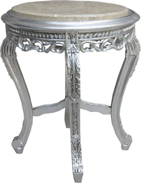 Barock Beistelltisch Silber mit cremefarbener Marmorplatte 48 x 48 x H. 55 cm - Barockmöbel Beistell Tisch
