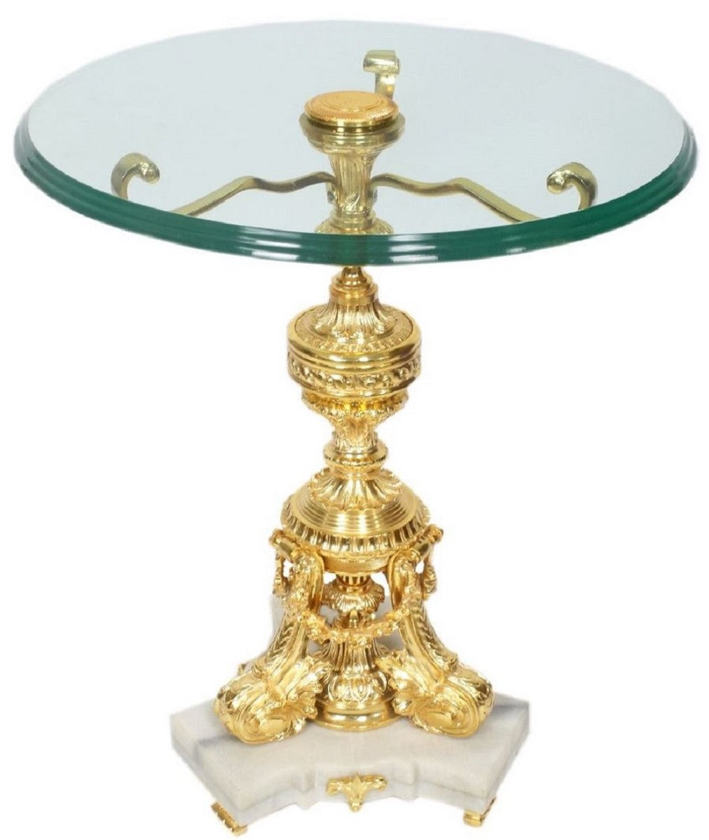 Barock Beistelltisch Gold / Weiß Ø 53 x H. 67 cm - Runder vergoldeter Bronze Tisch mit Glasplatte und Marmorsockel - Barock Wohnzimmer Möbel
