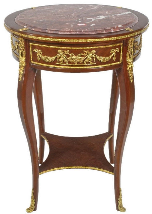 Barock Beistelltisch mit Marmorplatte Braun / Gold / Rot Ø 45 x H. 75 cm - Runder Tisch im Barockstil - Barock Möbel