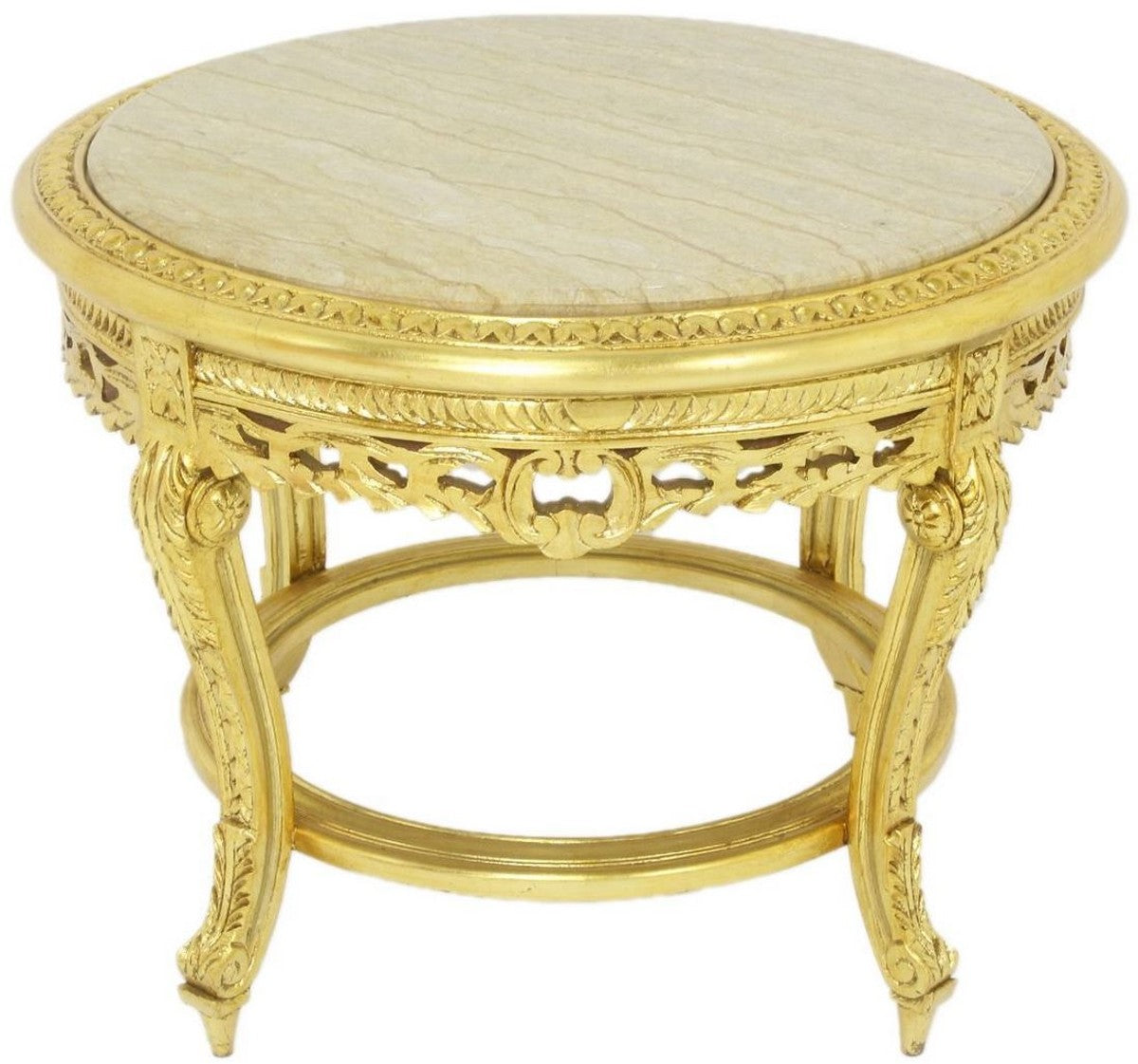 Barock Couchtisch mit Marmorplatte Gold / Creme Ø 70 x H. 45 cm - Runder Antik Stil Wohnzimmertisch - Barock Wohnzimmer Möbel