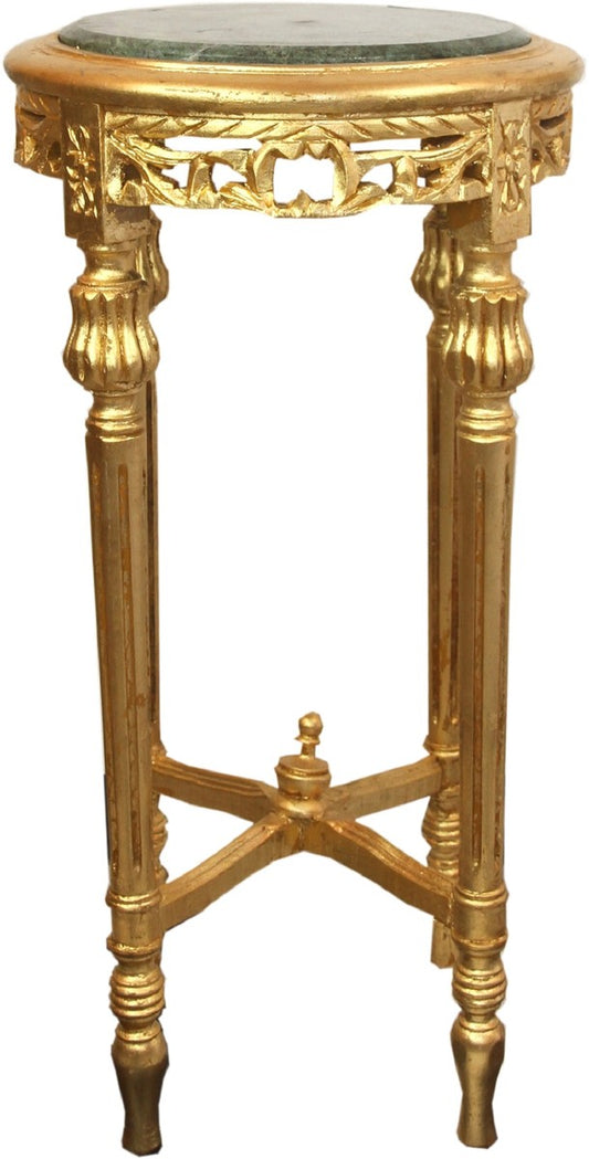Barock Beistelltisch mit Marmorplatte Gold / Grün Ø 37 x H. 71 cm - Runder handgeschnitzter Antik Stil Telefontisch Blumentisch mit wunderschönen Verzierungen