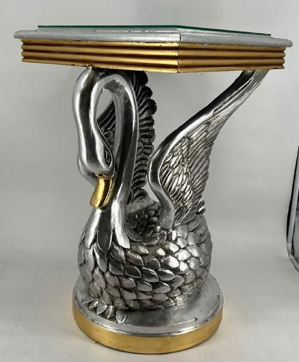 Barock Beistelltisch Schwan mit Glasplatte Silber / Gold H. 78 cm - Barock Möbel