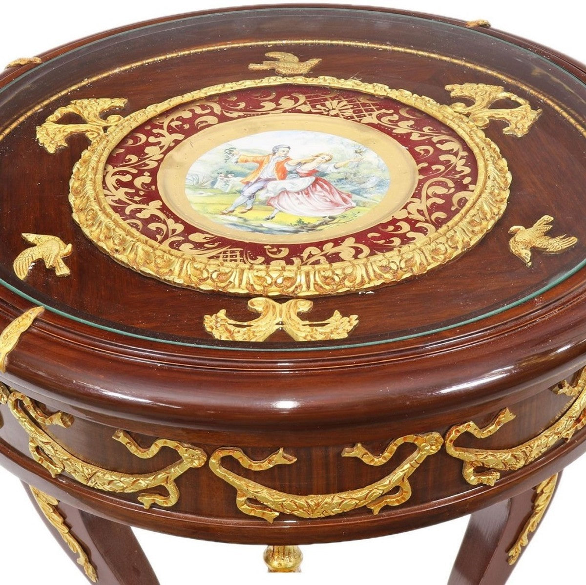 Barock Mahagoni Beistelltisch mit Glasplatte Braun / Gold Ø 55 x H. 78 cm - Prunkvoller runder handgefertigter und handbemalter Tisch mit wunderschönen Verzierungen