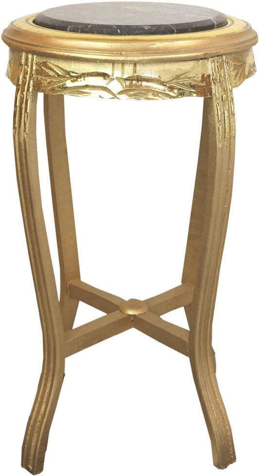 Barock Beistelltisch mit Marmorplatte Gold / Schwarz Ø 41 x H. 69 cm - Runder handgeschnitzter Antik Stil Telefontisch Blumentisch