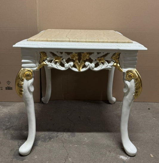 Barock Beistelltisch mit Marmorplatte Weiß / Gold / Beige 60 cm
