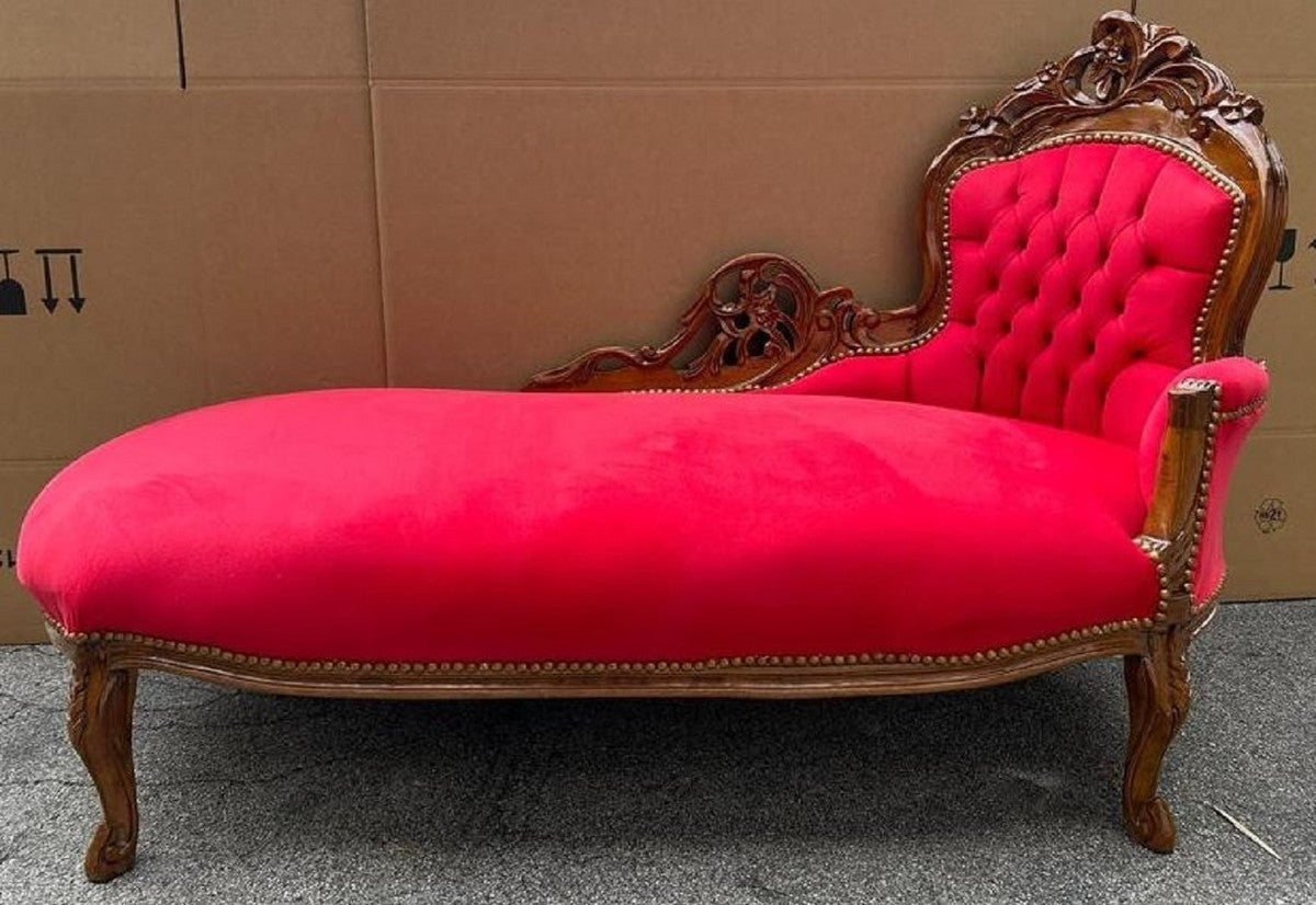 Barock Chaiselongue Rechte Seite Rot / Braun - Handgefertigte Massivholz Recamiere - Barock Wohnzimmer Möbel - Edel & Prunkvoll