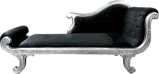 Barock Chaiselongue Modell XXL Schwarz / Silber - Antik Stil - Recamiere Wohnzimmer Möbel