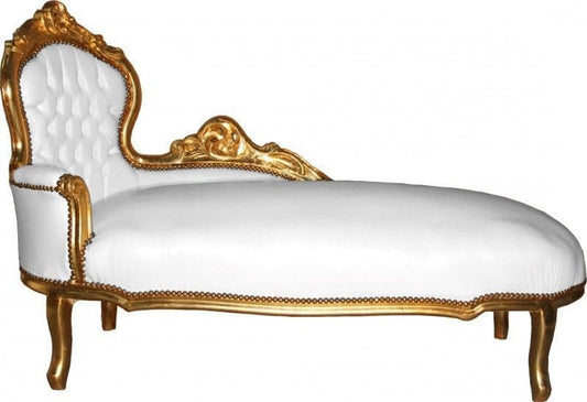 Barock Chaiselongue Weiß / Gold Lederoptik - Möbel Antik Stil