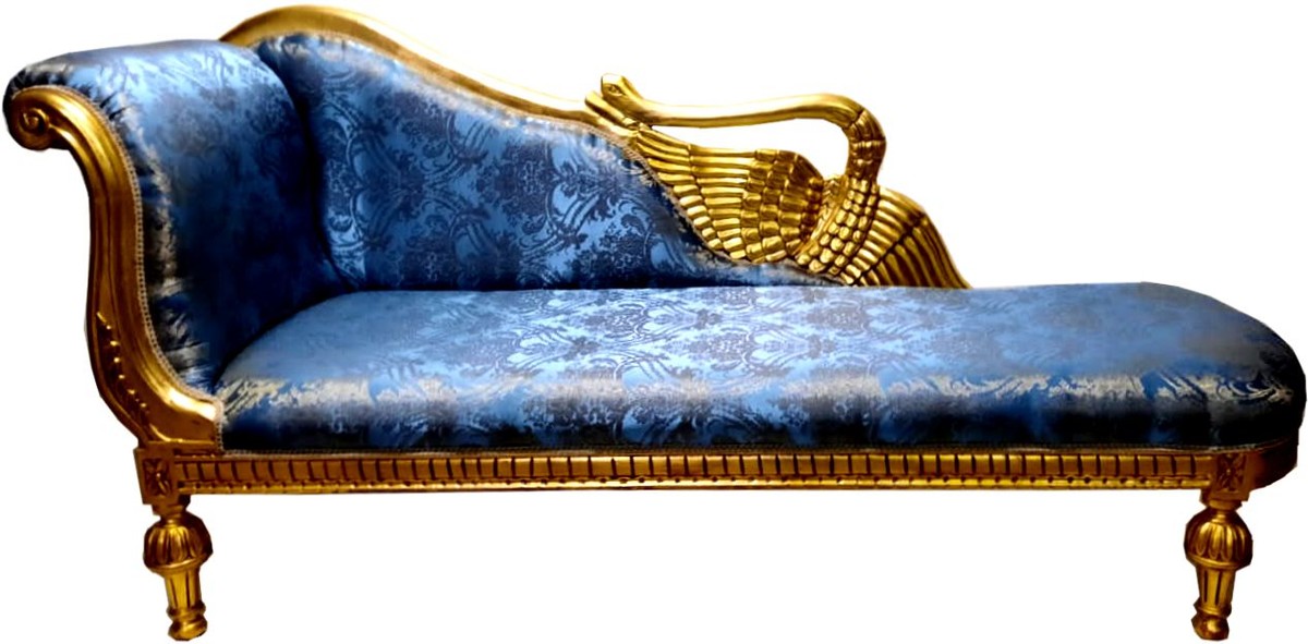 Barock Chaiselongue Blau Muster / Gold - Golden Wings - Antik Stil Möbel
