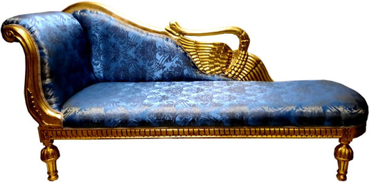 Barock Chaiselongue Blau Muster / Gold - Golden Wings - Antik Stil Möbel