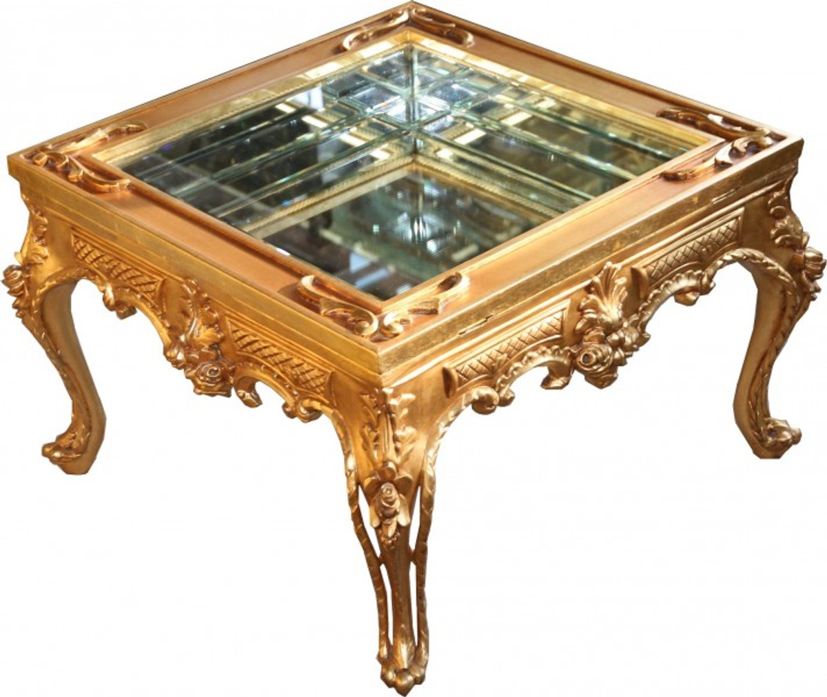Prunkvoller Barock Couchtisch Gold verspiegelt mit aufklappbaren Glasdeckel 67 x 67 cm Unikat- Wohnzimmer Salon Tisch Möbel