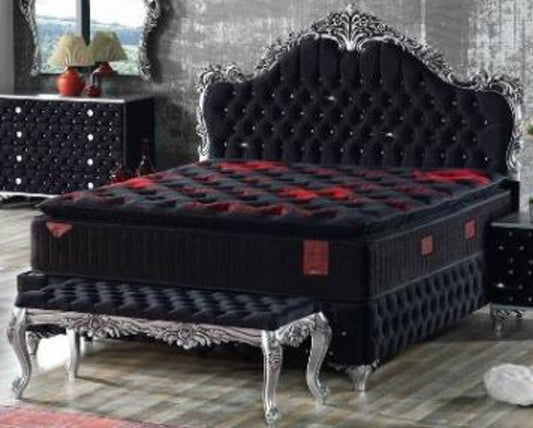 Barock Doppelbett Schwarz / Silber - Prunkvolles Samt Bett mit Glitzersteinen und Matratze - Komplett Set