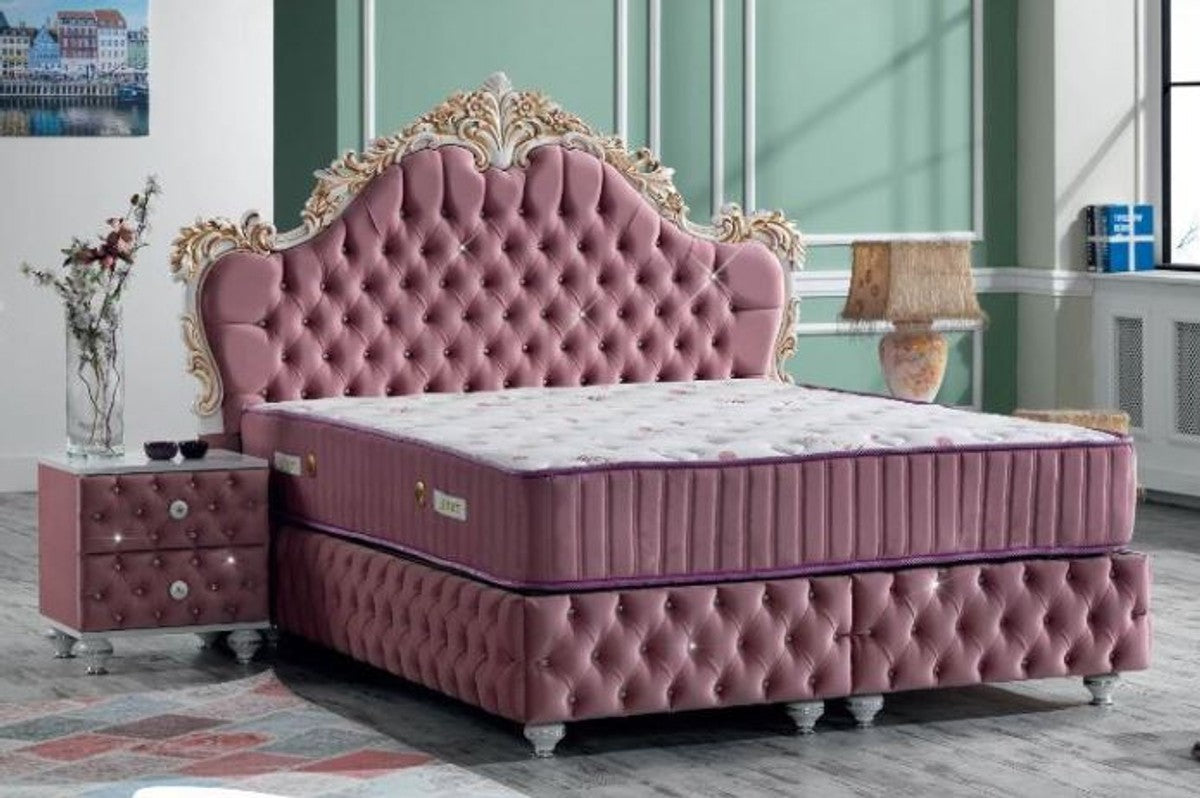 Barock Doppelbett Rosa / Weiß / Antik Gold - Prunkvolles Samt Bett mit Glitzersteinen und Matratze - Schlafzimmer Set im Barockstil