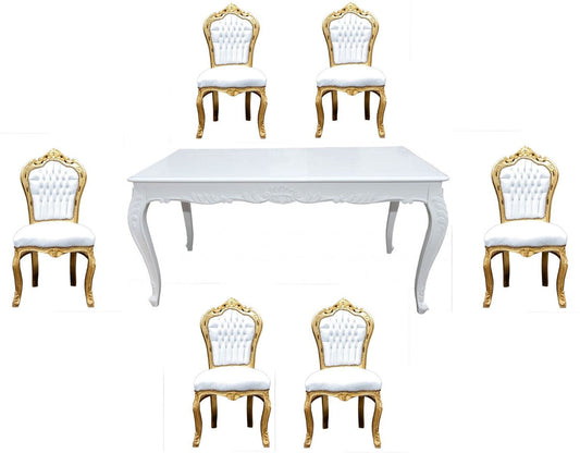 Barock Esszimmer Set Weiß/Gold - Esstisch + 6 Stühle ohne Armlehnen
