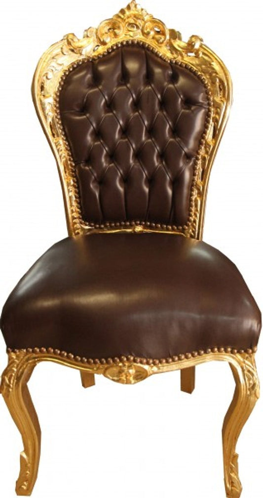Barock Esszimmer Stuhl Braun Glatt Lederoptik / Gold - Möbel