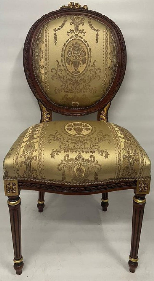 Barock Esszimmer Stuhl Medaillon Gold Muster / Dunkelbraun / Gold - Handgefertigter Massivholz Antik Stil Küchen Stuhl mit Muster - Esszimmer Möbel im Barockstil - Barock Möbel