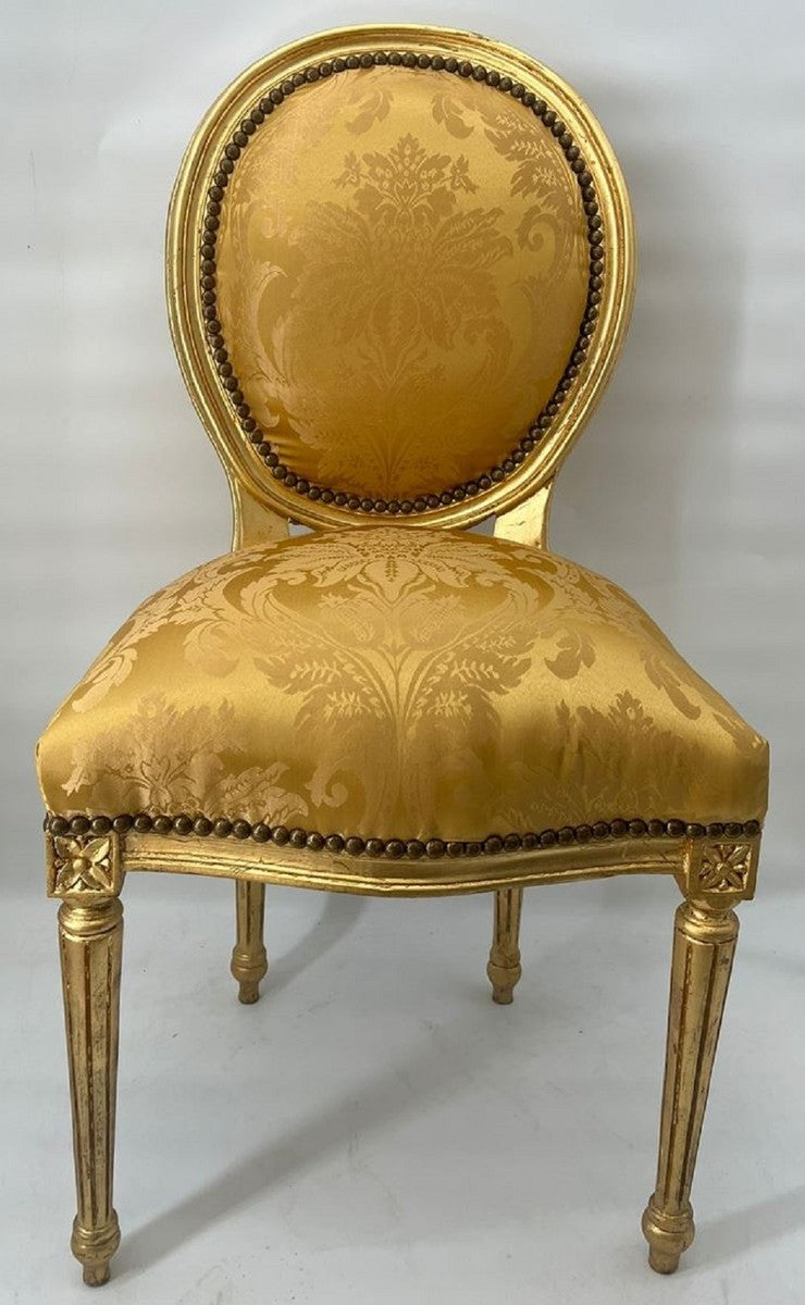 Barock Esszimmer Stuhl Medaillon Gold Muster / Gold - Handgefertigter Massivholz Antik Stil Küchen Stuhl mit Muster - Esszimmer Möbel im Barockstil - Barock Möbel