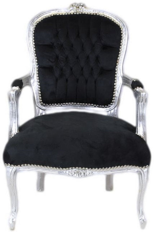 Barock Salon Stuhl Schwarz / Silber - Handgefertigter Antik Stil Stuhl mit edlem Samtstoff - Möbel im Barockstil - Barock Möbel - Barock Einrichtung