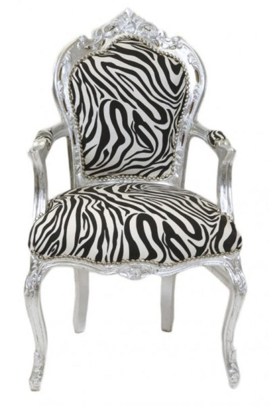 Barock Esszimmer Stuhl Zebra / Silber mit Armlehnen