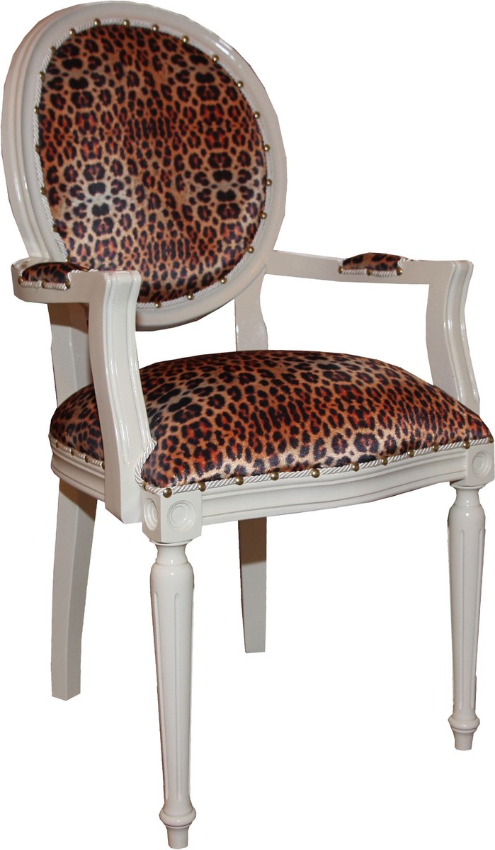 Barock Esszimmer Stuhl mit Leopard / Creme