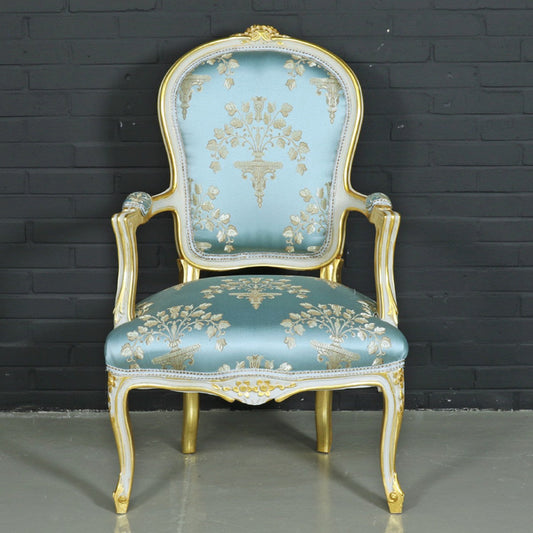Barock Salon Stuhl Medaillon Mod1 mit Armlehnen Helltürkis / Gold - Antikstil Stuhl