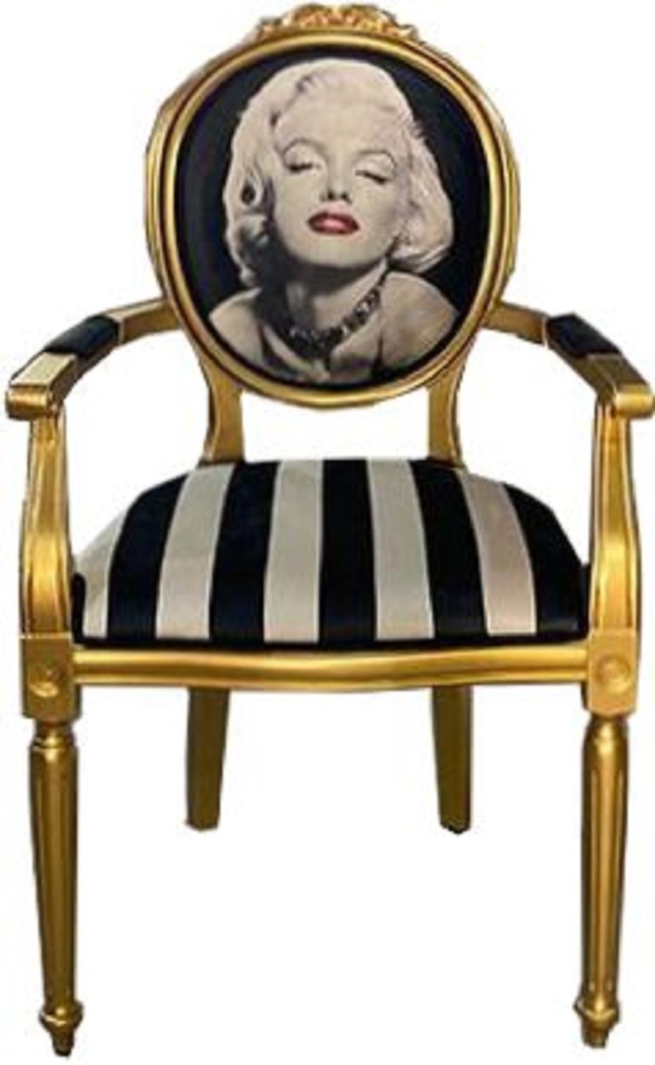 Barock Esszimmerstuhl Marilyn Monroe Schwarz / Weiß / Gold - Handgefertigter Antik Stil Stuhl mit Armlehnen - Esszimmer Möbel im Barockstil