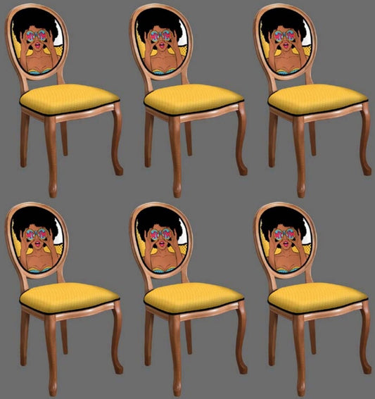Barock Esszimmerstuhl Set Gelb / Mehrfarbig / Braun - 6 Handgefertigte Küchen Stühle im Barockstil - Barock Esszimmer Möbel