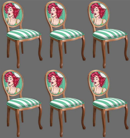 Barock Esszimmerstuhl Set Grün / Weiß / Mehrfarbig / Braun - 6 Handgefertigte Küchen Stühle im Barockstil - Barock Esszimmer Möbel