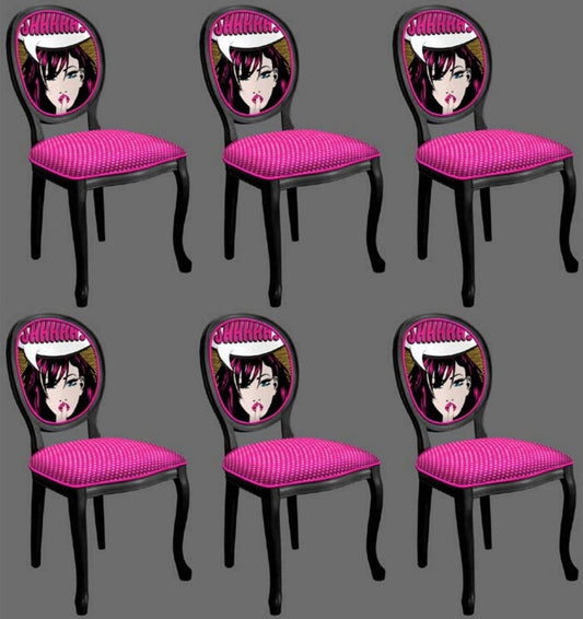 Barock Esszimmerstuhl Set Lila / Mehrfarbig / Schwarz - 6 Handgefertigte Küchen Stühle im Barockstil - Barock Esszimmer Möbel