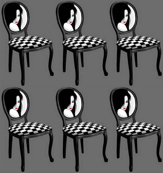 Barock Esszimmerstuhl Set Schwarz / Weiß / Rot - 6 Handgefertigte Küchen Stühle im Barockstil - Barock Esszimmer Möbel