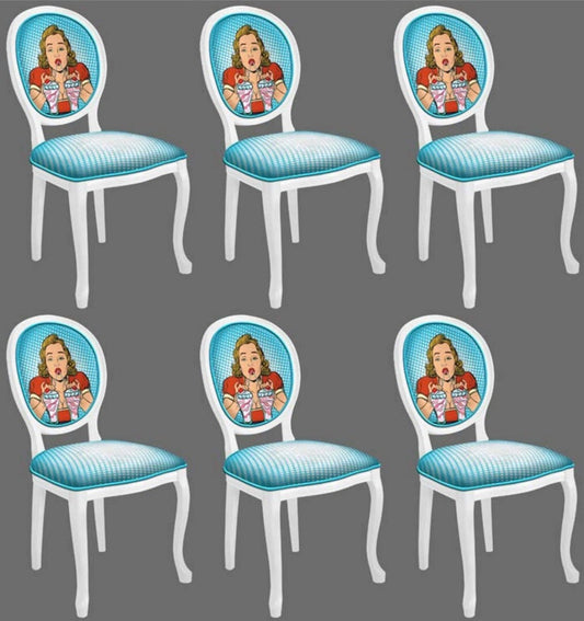 Barock Esszimmerstuhl Set Blau / Mehrfarbig / Weiß - 6 Handgefertigte Küchen Stühle im Barockstil - Barock Esszimmer Möbel