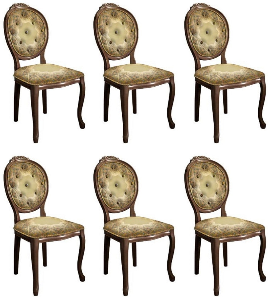 Barock Esszimmerstuhl Set Mehrfarbig / Braun - 6 Handgefertigte Küchen Stühle im Barockstil - Barock Esszimmer Möbel