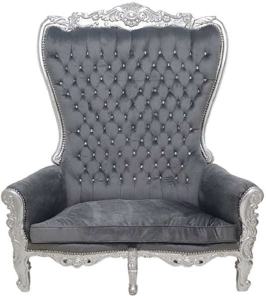 Barock Hochlehn 2er Sofa Grau / Silber - Prunkvolles Barockstil Sofa mit Glitzersteinen - Wohnzimmer Möbel im Barockstil - Barock Möbel - Edel & Prunkvoll