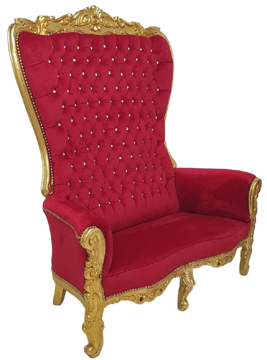 Barock Hochlehn 2er Sofa Bordeauxrot / Gold - Prunkvolles Barockstil Sofa mit Glitzersteinen - Wohnzimmer Möbel im Barockstil - Barock Möbel - Edel & Prunkvoll