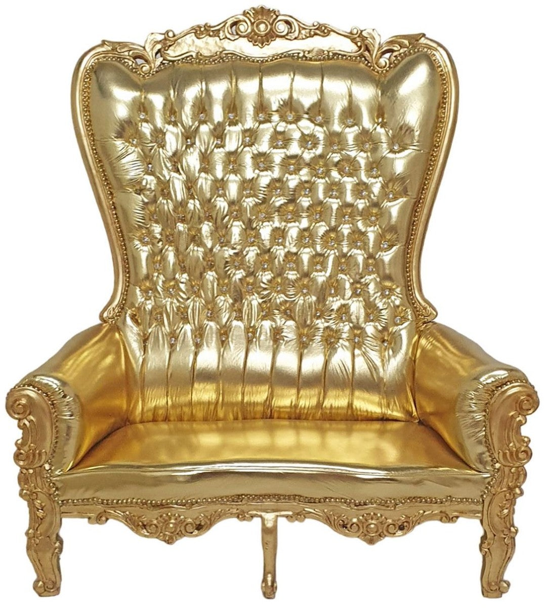 Barock Hochlehn 2er Sofa Gold - Prunkvolles Barockstil Kunstleder Sofa mit Glitzersteinen - Wohnzimmer Möbel im Barockstil - Barock Möbel - Edel & Prunkvoll
