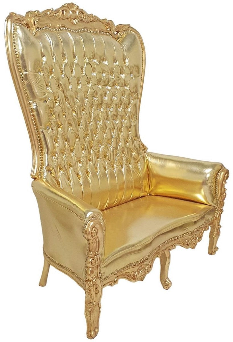 Barock Hochlehn 2er Sofa Gold - Prunkvolles Barockstil Kunstleder Sofa mit Glitzersteinen - Wohnzimmer Möbel im Barockstil - Barock Möbel - Edel & Prunkvoll