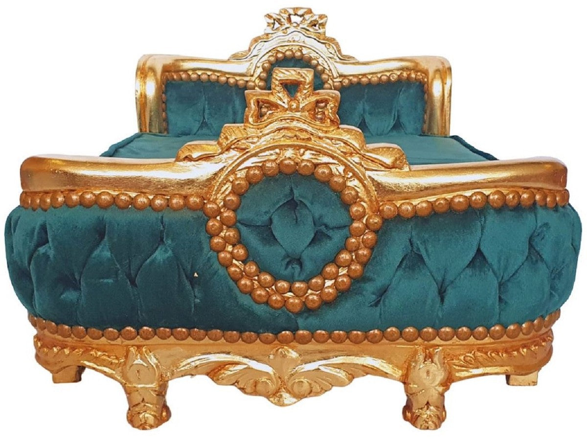 Barock Hundebett Grün / Gold - Handgefertigtes Antik Stil Hundebett - Prunkvolle Hunde Möbel im Barockstil - Antik Stil Tiermöbel - Barock Tiermöbel