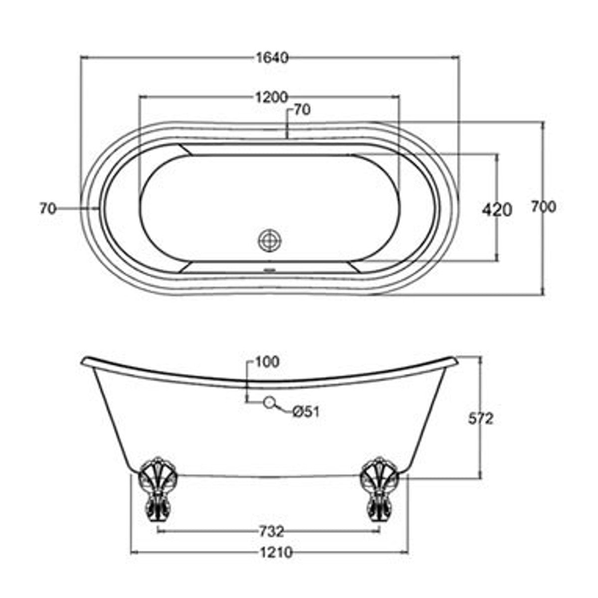 Jugendstil Badewanne freistehend 1640mm BBat Weiß - Freistehende Retro Antik Badewanne