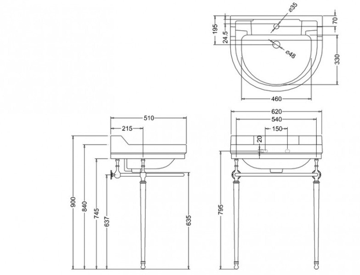 Jugendstil Stand Waschtisch Weiß / Chrom B 62cm - Art Deco Waschbecken Barock Antik Stil