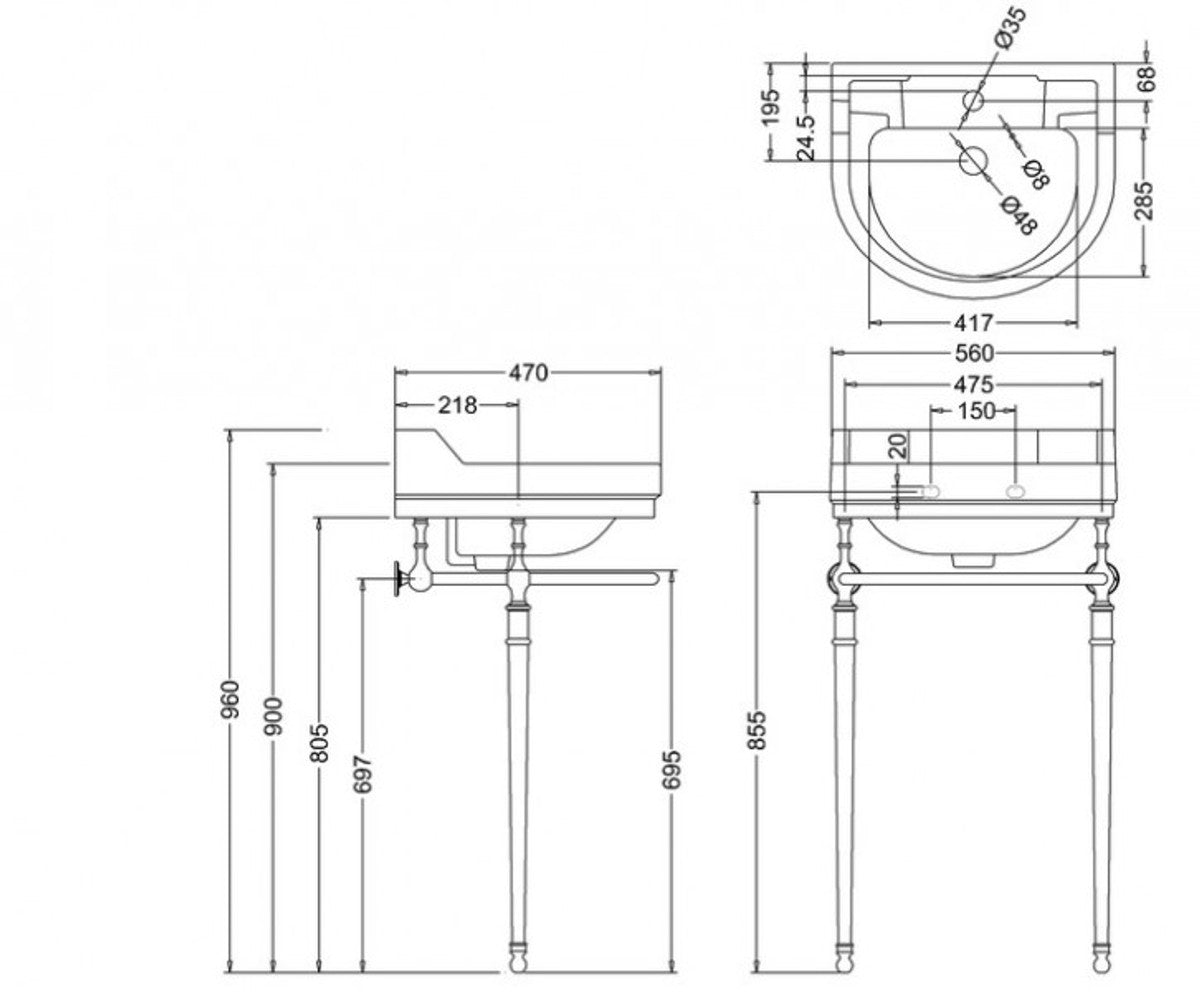 Jugendstil Stand Waschtisch Weiß / Chrom B 56cm - Art Deco Waschbecken Barock Antik Stil