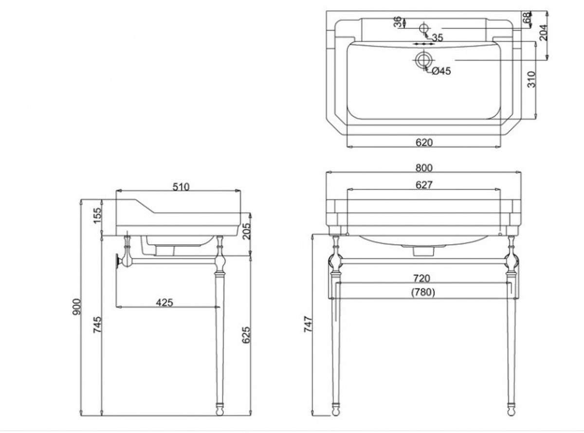 Jugendstil Stand Waschtisch Weiß / Chrom B 80cm Mod5 - Art Deco Waschbecken Barock Antik Stil