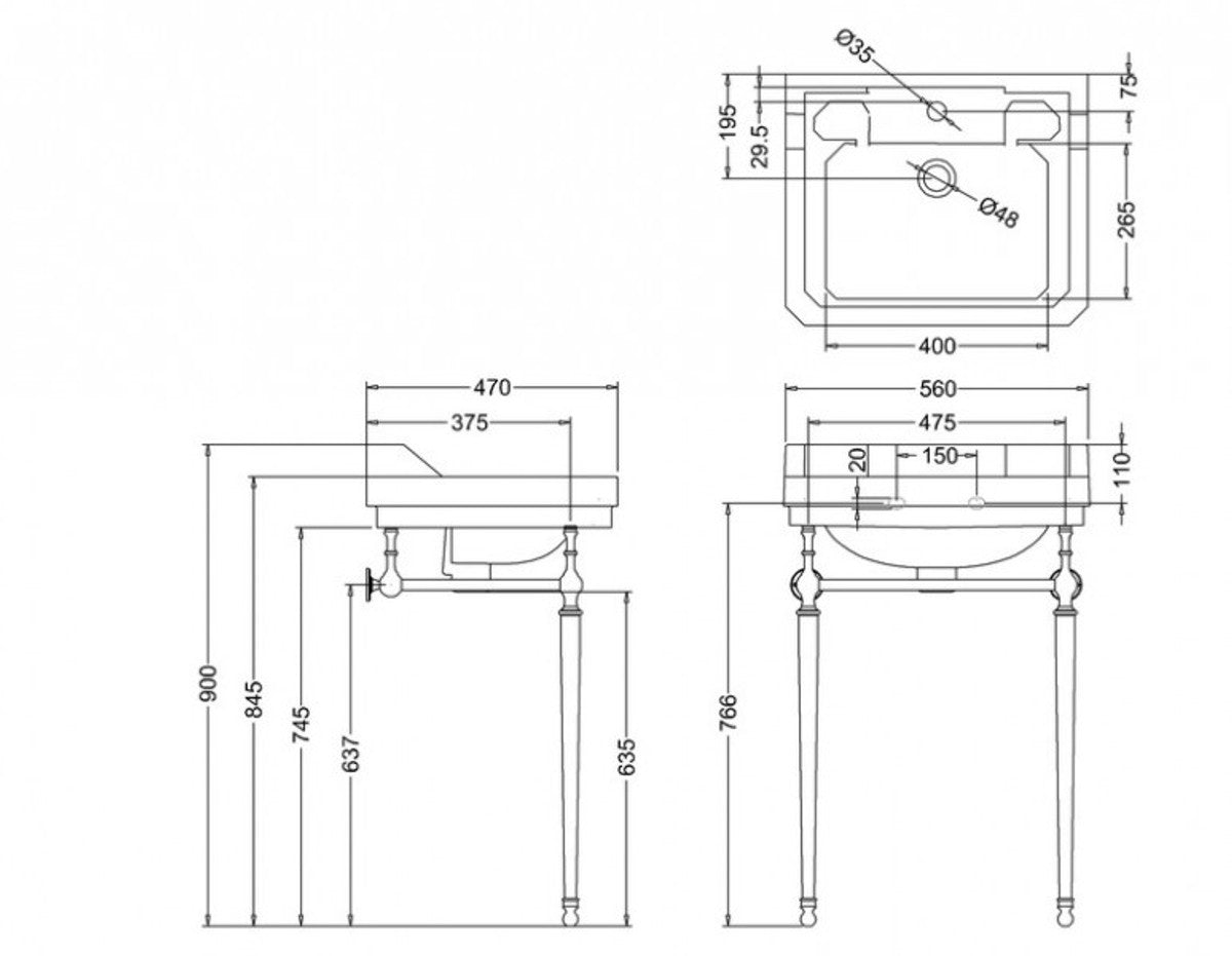 Jugendstil Stand Waschtisch Weiß / Chrom B 56cm Mod5 - Art Deco Waschbecken Barock Antik Stil