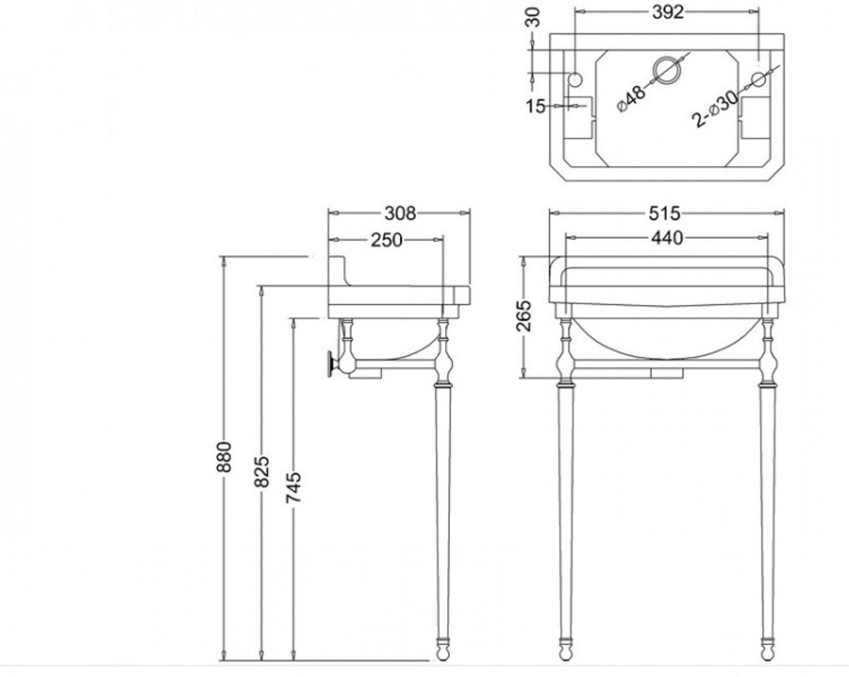 Jugendstil Stand Gäste WC Waschtisch Weiß / Chrom B 51cm mit 2 Hahnlöchern - Art Deco Waschbecken Barock Antik Stil