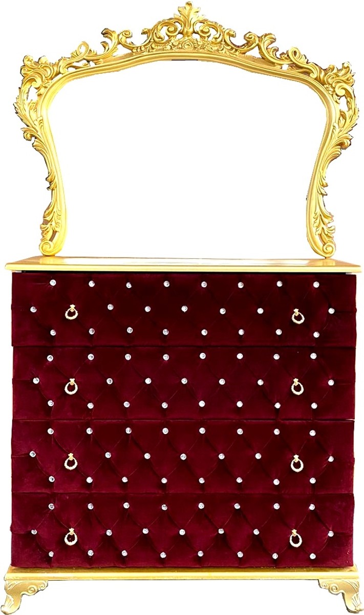 Barock Schlafzimmer Kommode mit Glitzersteinen und elegantem Wandspiegel Boardeauxrot / Gold - Schlafzimmer Möbel im Barockstil