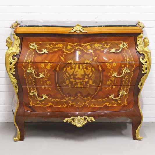 Barockstil Kommode mit 3 Schubladen und Marmorplatte in braun / gold / schwarz 120 x 50 x H. 95 cm - Möbel im Antik Stil